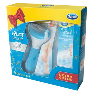 Scholl Velvet Smooth elektrický pilník na chodidla - modrý + Denní esenciální hydratační krém 60ml (dárkové balení)